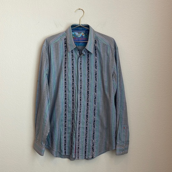 Robert Graham Other - Robert Graham Silk Floral Trim Checkered Button Down Shirt Size Large